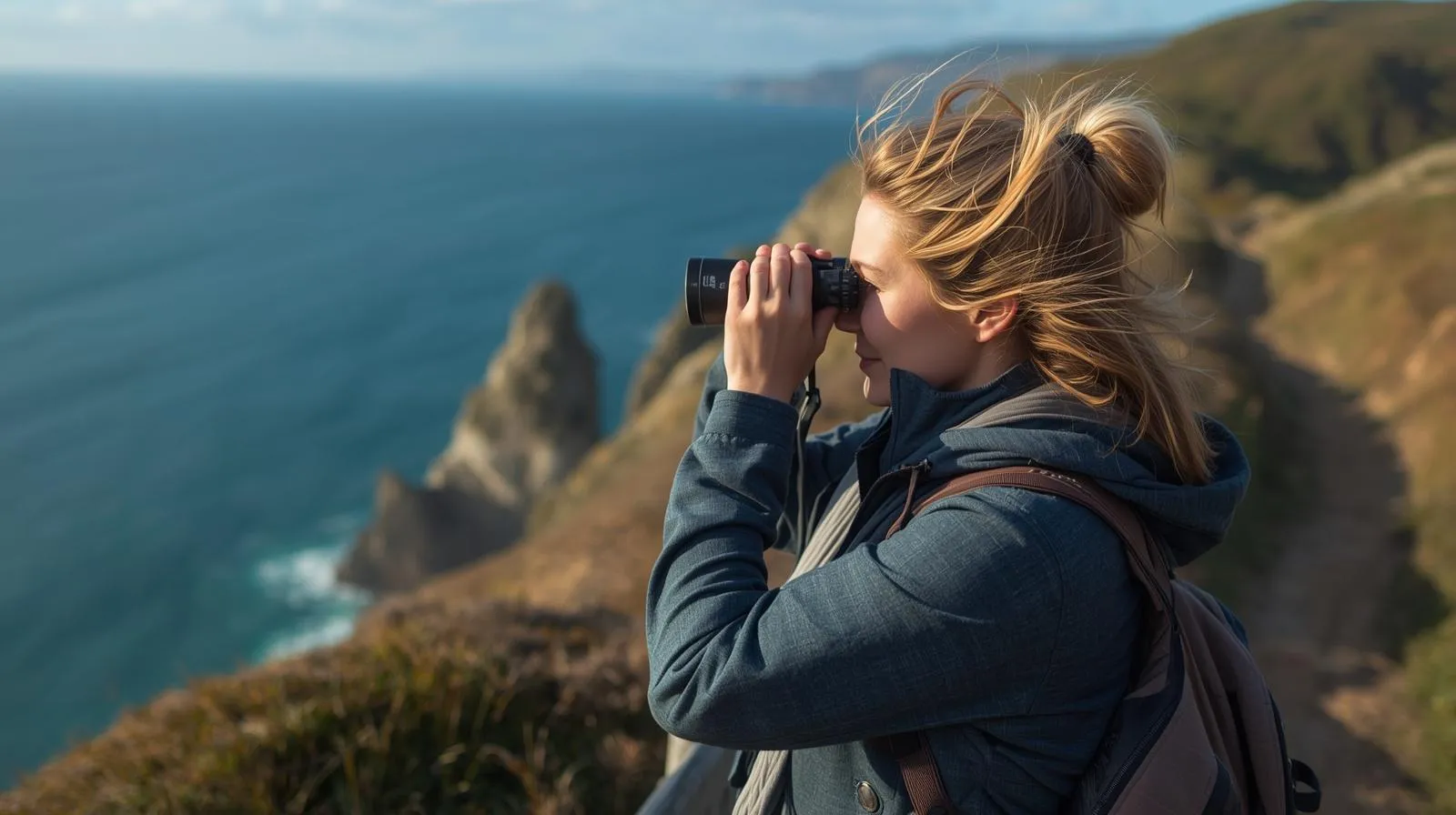 Women on the coast path with binoculars, spotting wildlife