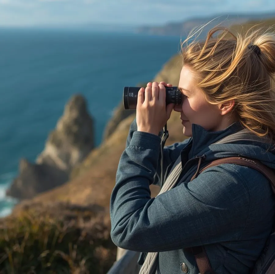 Women on the coast path with binoculars, spotting wildlife